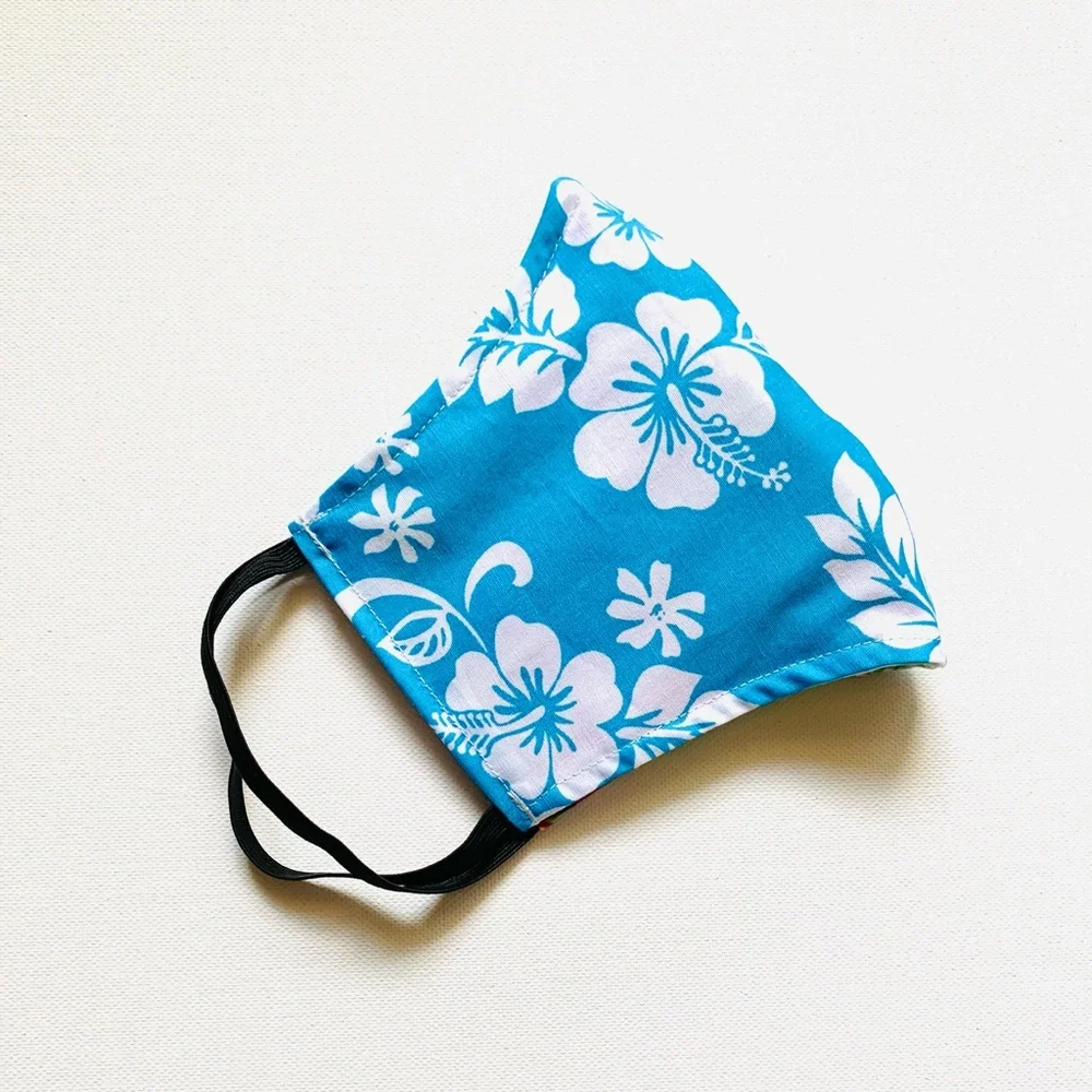 NEW Handmade Hawaiian Hibiscus Print Face Mask in Blue